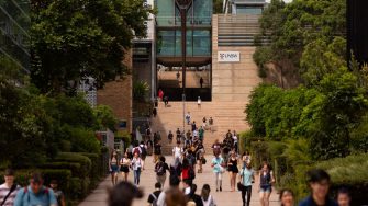 Students on campus walkway